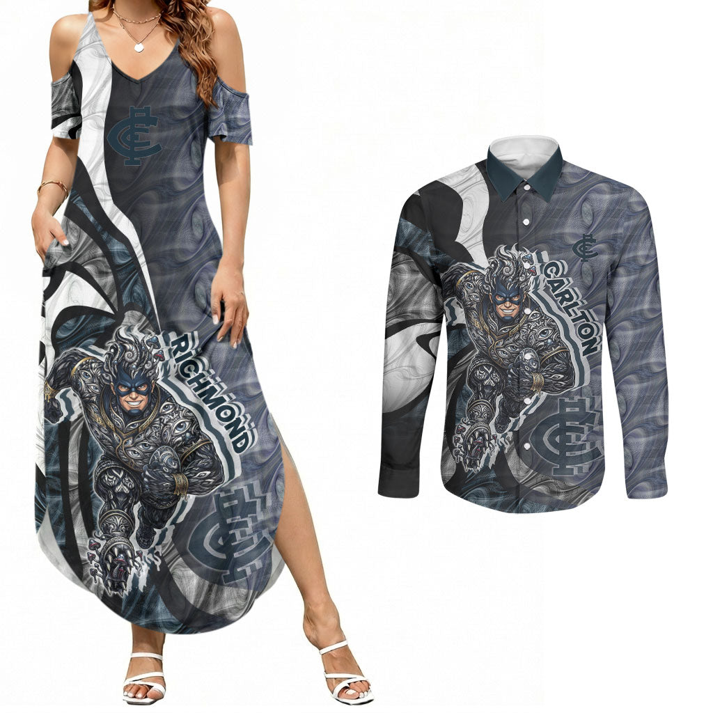 Personalised Carlton Couples Matching Summer Maxi Dress and Long Sleeve Button Shirt Trippy Psychedelic Abstract Art Mascot Football Fans