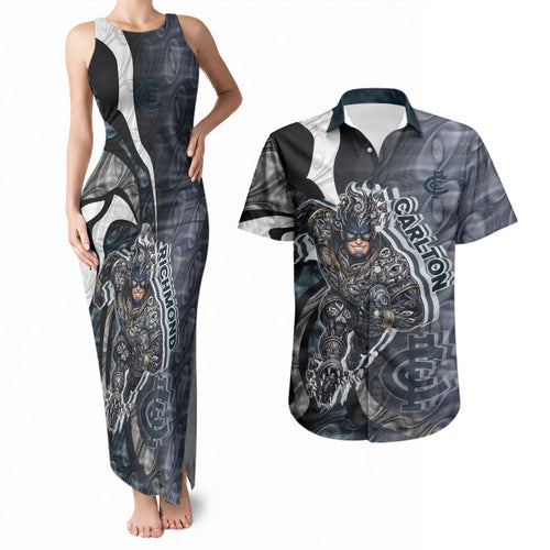 Personalised Carlton Couples Matching Tank Maxi Dress and Hawaiian Shirt Trippy Psychedelic Abstract Art Mascot Football Fans