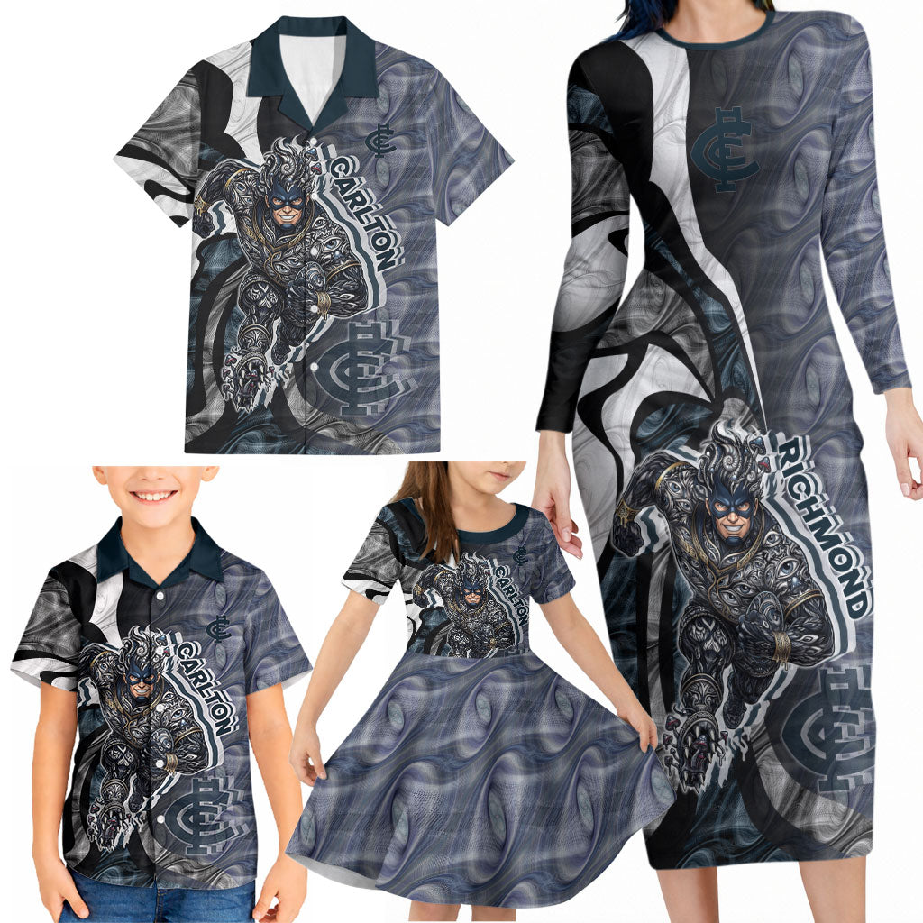 Personalised Carlton Family Matching Long Sleeve Bodycon Dress and Hawaiian Shirt Trippy Psychedelic Abstract Art Mascot Football Fans