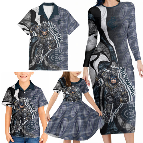 Personalised Carlton Family Matching Long Sleeve Bodycon Dress and Hawaiian Shirt Trippy Psychedelic Abstract Art Mascot Football Fans