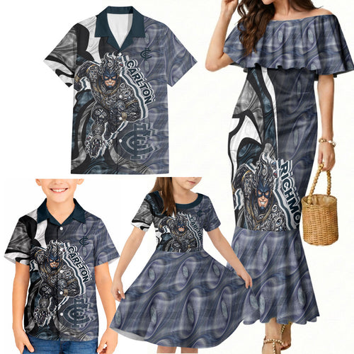 Personalised Carlton Family Matching Mermaid Dress and Hawaiian Shirt Trippy Psychedelic Abstract Art Mascot Football Fans