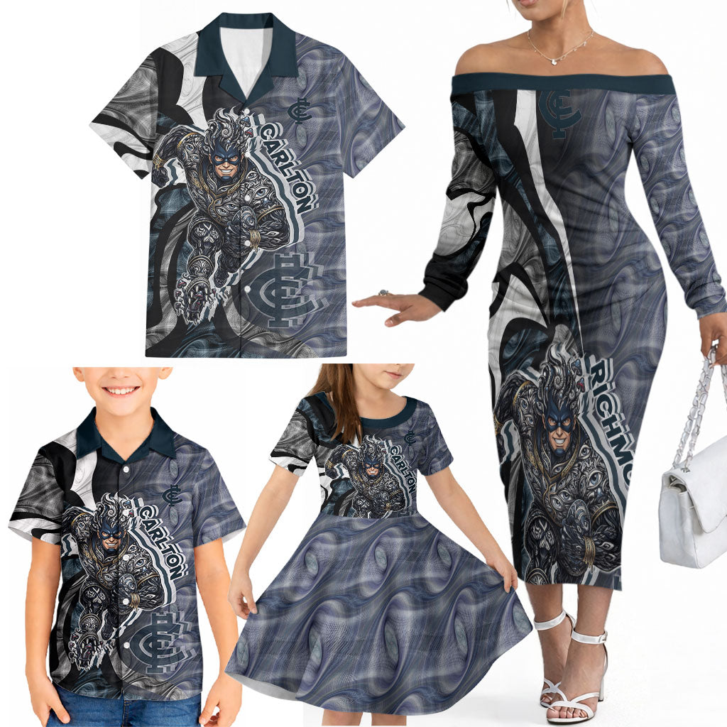 Personalised Carlton Family Matching Off The Shoulder Long Sleeve Dress and Hawaiian Shirt Trippy Psychedelic Abstract Art Mascot Football Fans