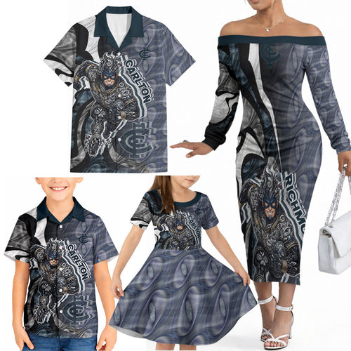 Personalised Carlton Family Matching Off The Shoulder Long Sleeve Dress and Hawaiian Shirt Trippy Psychedelic Abstract Art Mascot Football Fans