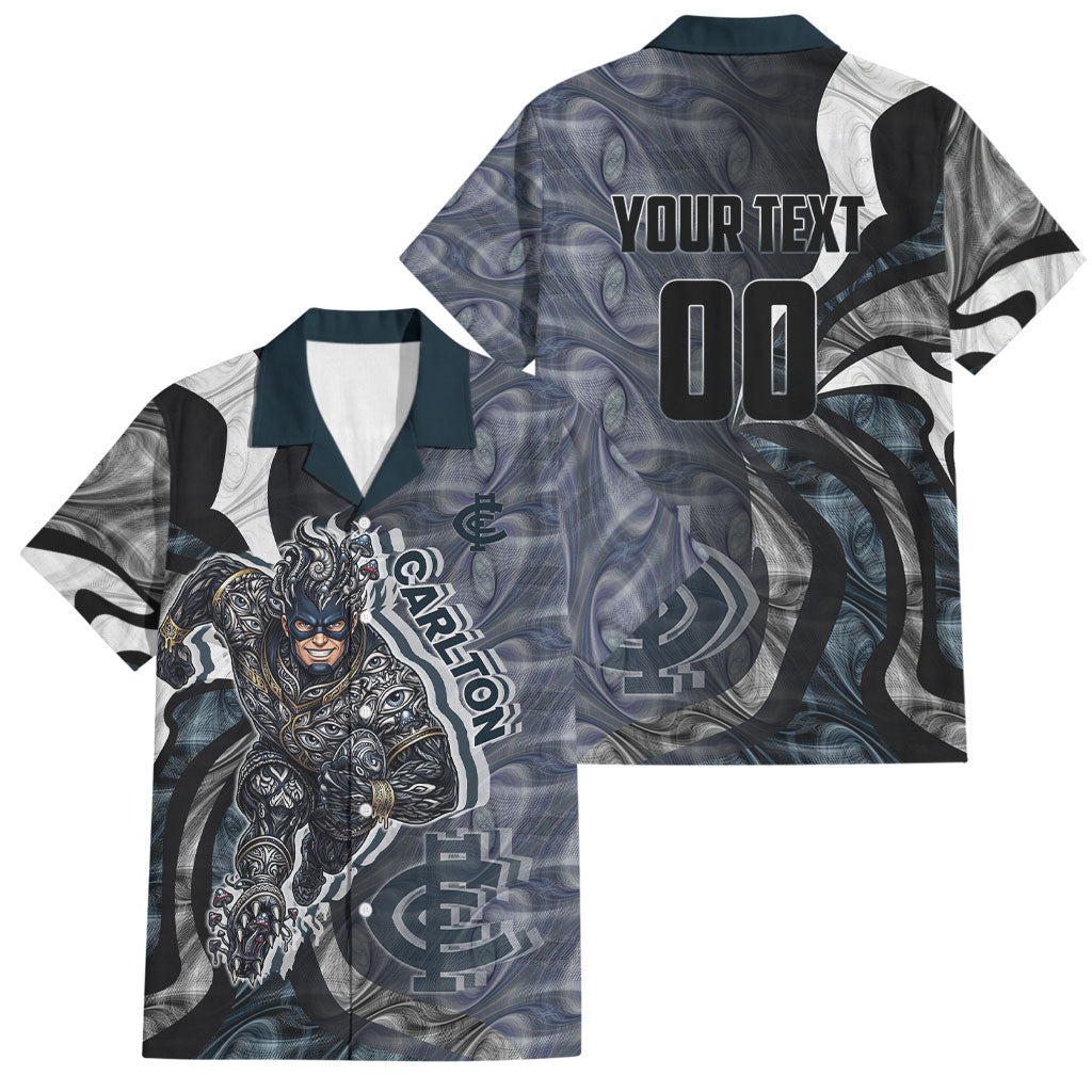 Personalised Carlton Family Matching Off The Shoulder Long Sleeve Dress and Hawaiian Shirt Trippy Psychedelic Abstract Art Mascot Football Fans