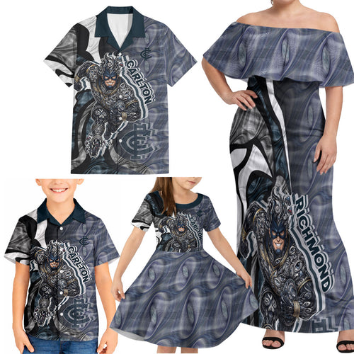 Personalised Carlton Family Matching Off Shoulder Maxi Dress and Hawaiian Shirt Trippy Psychedelic Abstract Art Mascot Football Fans