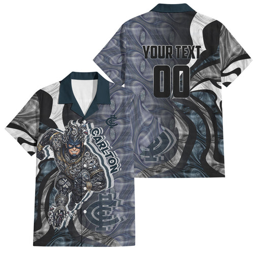Personalised Carlton Family Matching Off Shoulder Maxi Dress and Hawaiian Shirt Trippy Psychedelic Abstract Art Mascot Football Fans