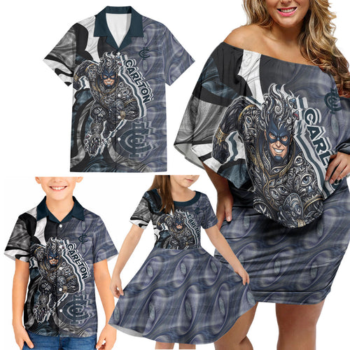 Personalised Carlton Family Matching Off Shoulder Short Dress and Hawaiian Shirt Trippy Psychedelic Abstract Art Mascot Football Fans