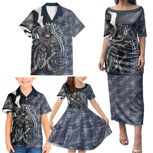 Personalised Carlton Family Matching Puletasi and Hawaiian Shirt Trippy Psychedelic Abstract Art Mascot Football Fans