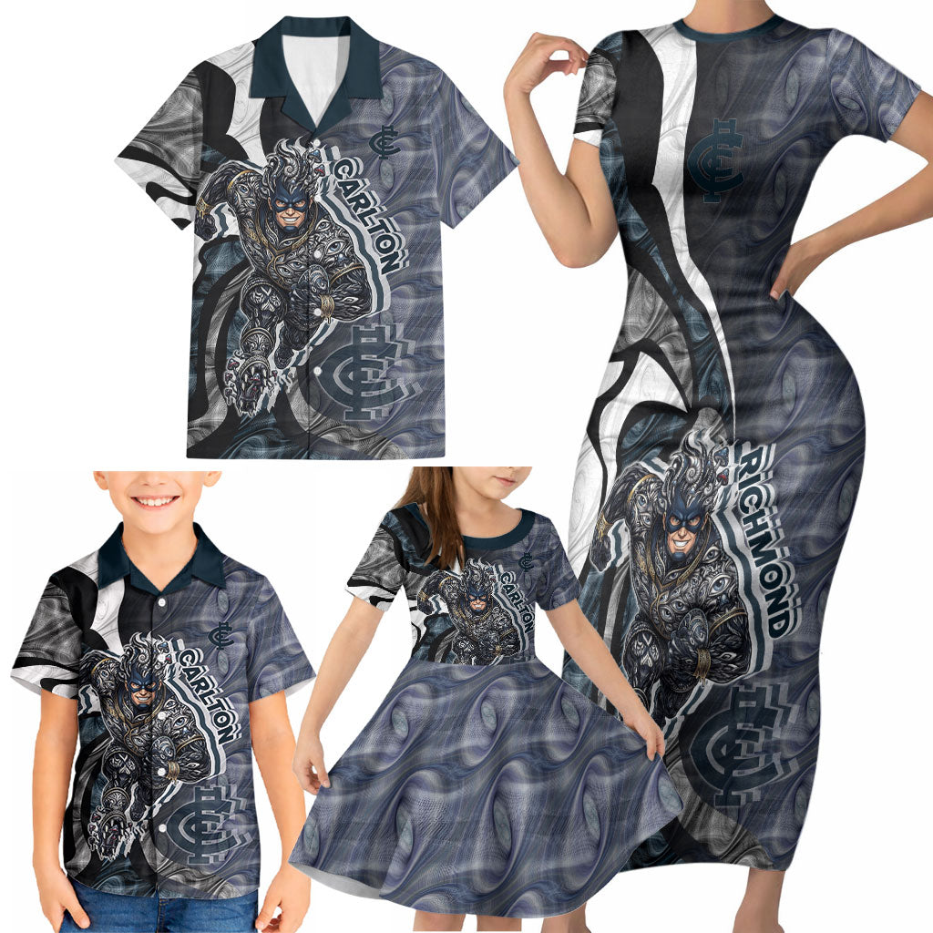 Personalised Carlton Family Matching Short Sleeve Bodycon Dress and Hawaiian Shirt Trippy Psychedelic Abstract Art Mascot Football Fans