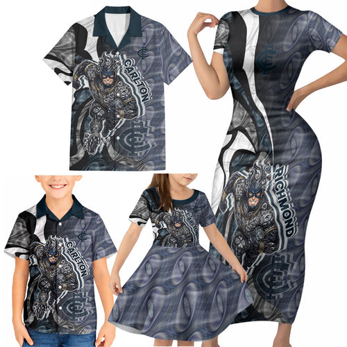 Personalised Carlton Family Matching Short Sleeve Bodycon Dress and Hawaiian Shirt Trippy Psychedelic Abstract Art Mascot Football Fans