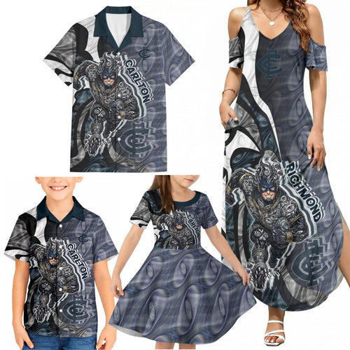 Personalised Carlton Family Matching Summer Maxi Dress and Hawaiian Shirt Trippy Psychedelic Abstract Art Mascot Football Fans