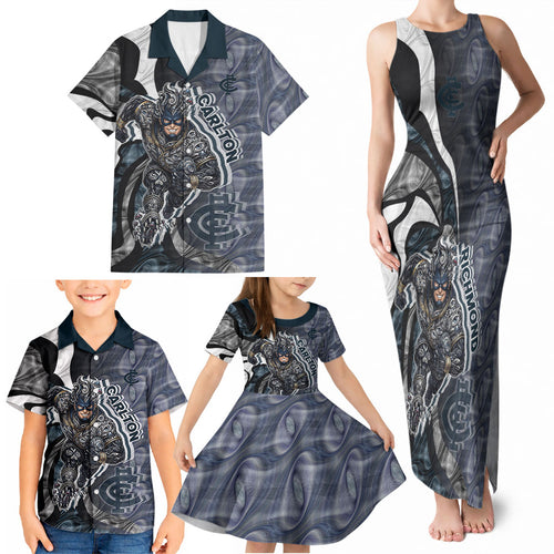 Personalised Carlton Family Matching Tank Maxi Dress and Hawaiian Shirt Trippy Psychedelic Abstract Art Mascot Football Fans