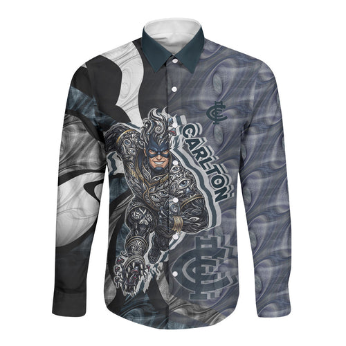 Personalised Carlton Long Sleeve Button Shirt Trippy Psychedelic Abstract Art Mascot Football Fans