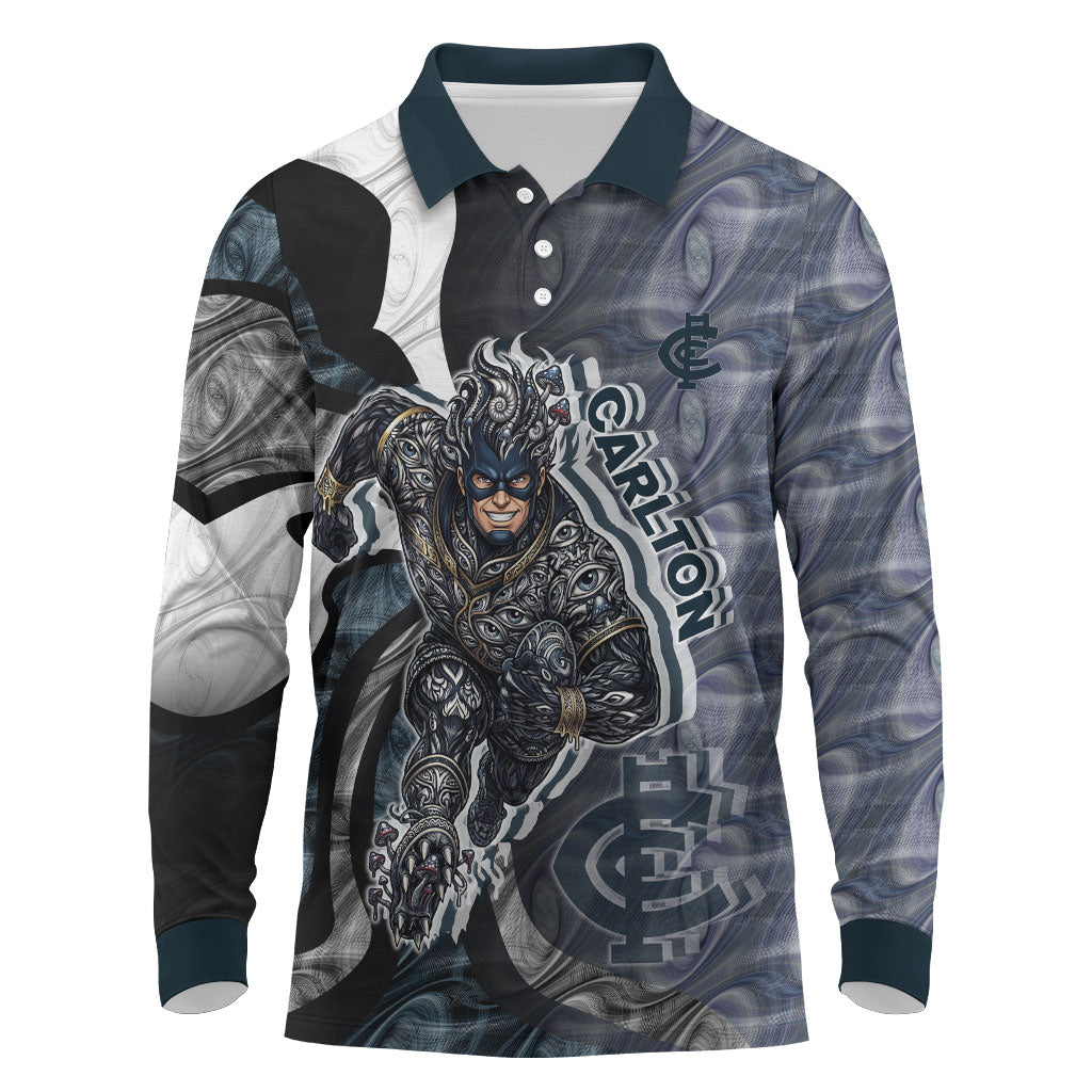 Personalised Carlton Long Sleeve Polo Shirt Trippy Psychedelic Abstract Art Mascot Football Fans