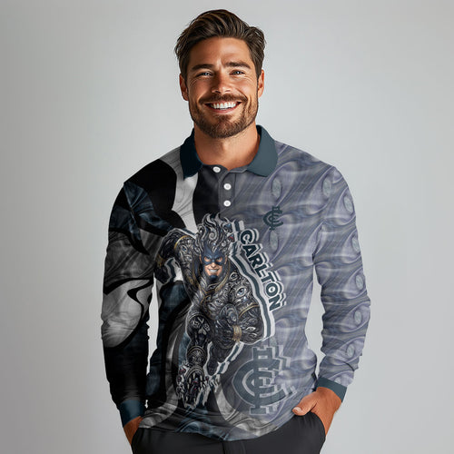 Personalised Carlton Long Sleeve Polo Shirt Trippy Psychedelic Abstract Art Mascot Football Fans