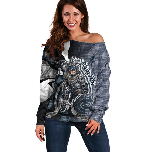 Personalised Carlton Off Shoulder Sweater Trippy Psychedelic Abstract Art Mascot Football Fans