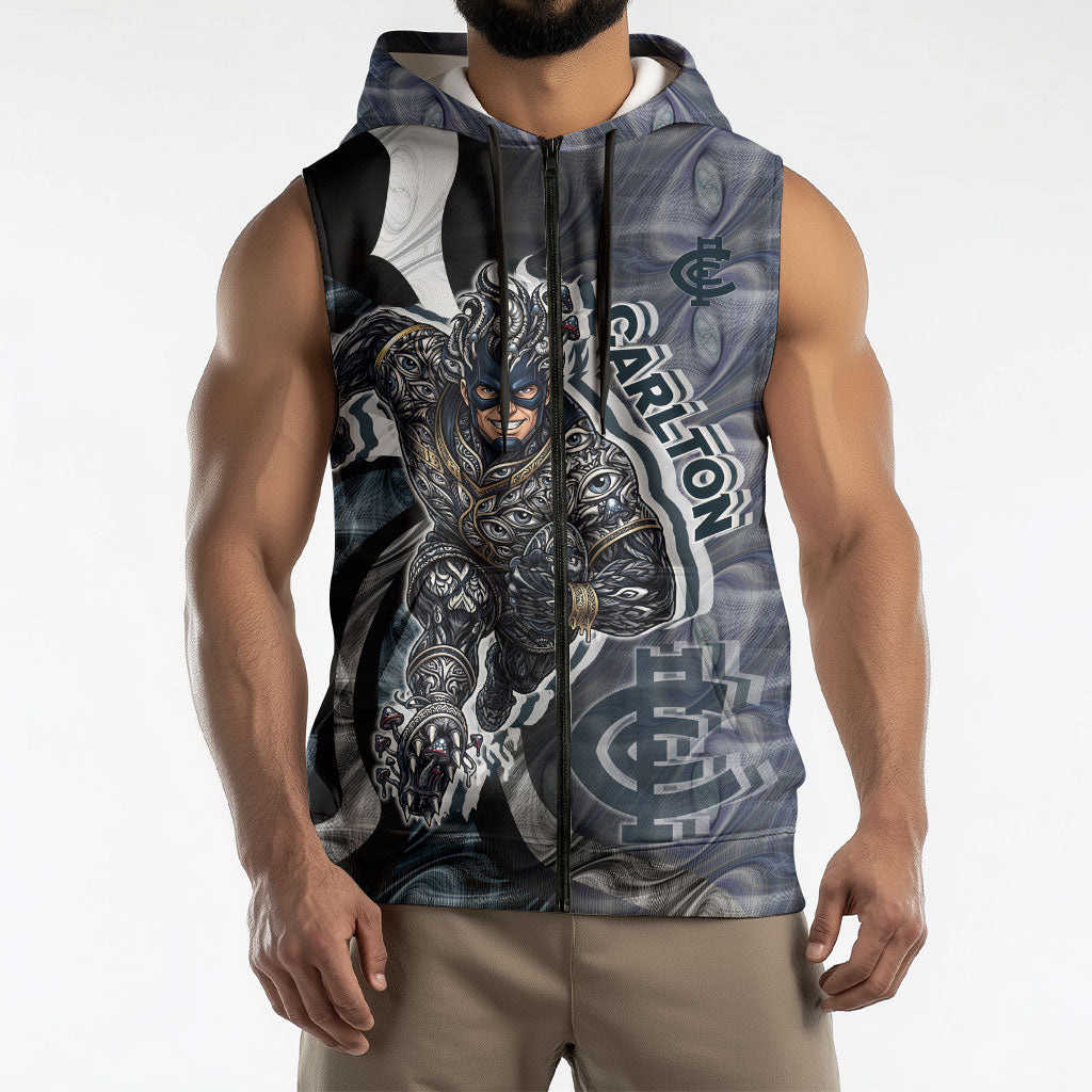 Personalised Carlton Sleeveless Zip Hoodie Trippy Psychedelic Abstract Art Mascot Football Fans
