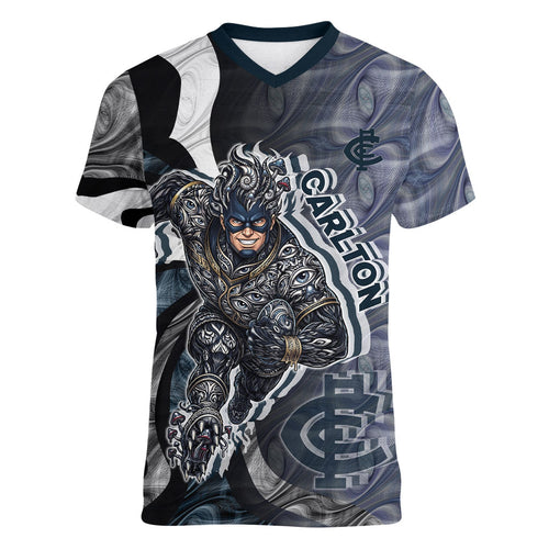 Personalised Carlton Women V-Neck T-Shirt Trippy Psychedelic Abstract Art Mascot Football Fans