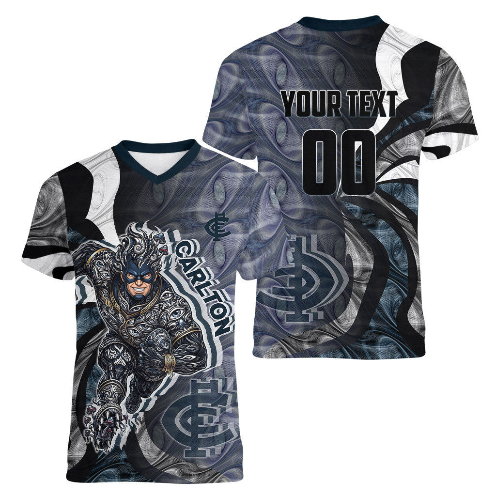 Personalised Carlton Women V-Neck T-Shirt Trippy Psychedelic Abstract Art Mascot Football Fans