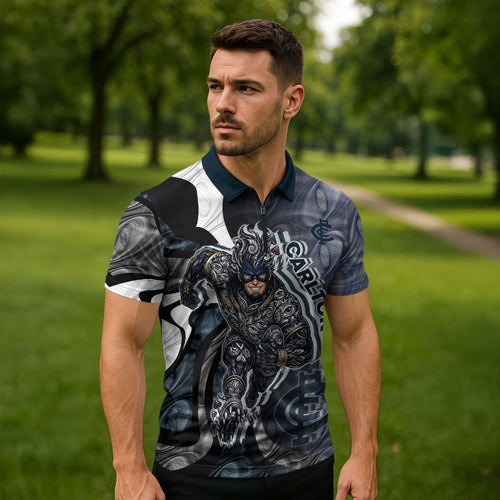 Personalised Carlton Zipper Polo Shirt Trippy Psychedelic Abstract Art Mascot Football Fans