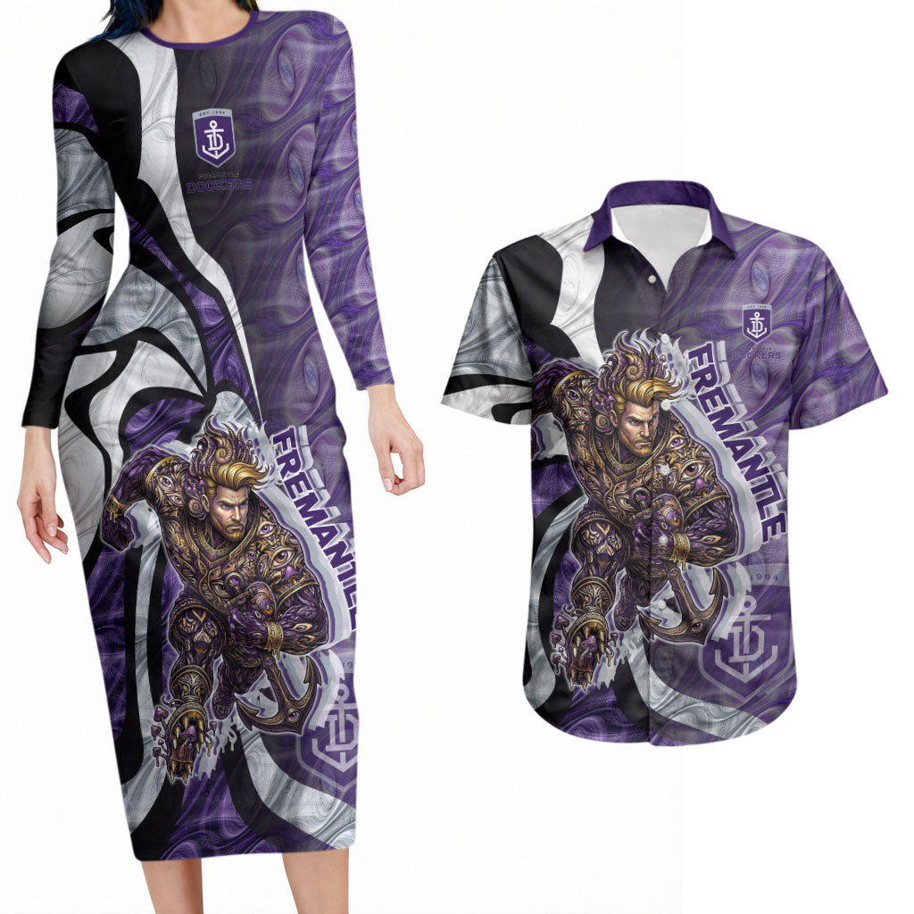 Personalised Fremantle Dockers Couples Matching Long Sleeve Bodycon Dress and Hawaiian Shirt Trippy Psychedelic Abstract Art Mascot Football Fans