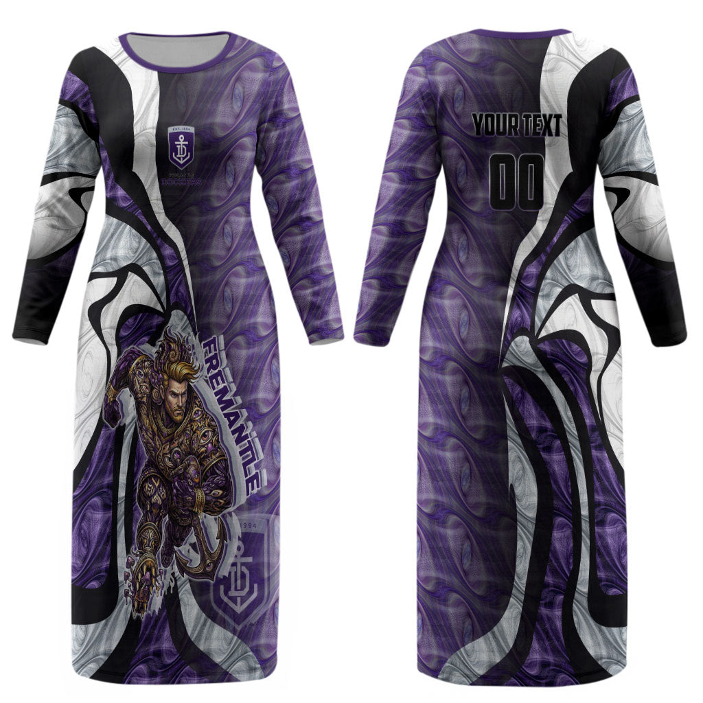 Personalised Fremantle Dockers Couples Matching Long Sleeve Bodycon Dress and Hawaiian Shirt Trippy Psychedelic Abstract Art Mascot Football Fans