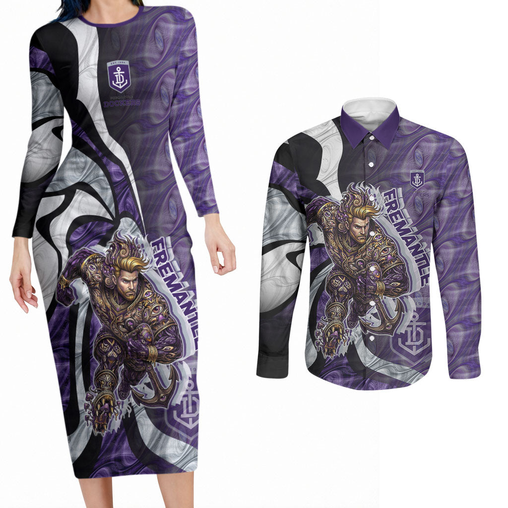 Personalised Fremantle Dockers Couples Matching Long Sleeve Bodycon Dress and Long Sleeve Button Shirt Trippy Psychedelic Abstract Art Mascot Football Fans