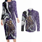 Personalised Fremantle Dockers Couples Matching Long Sleeve Bodycon Dress and Long Sleeve Button Shirt Trippy Psychedelic Abstract Art Mascot Football Fans