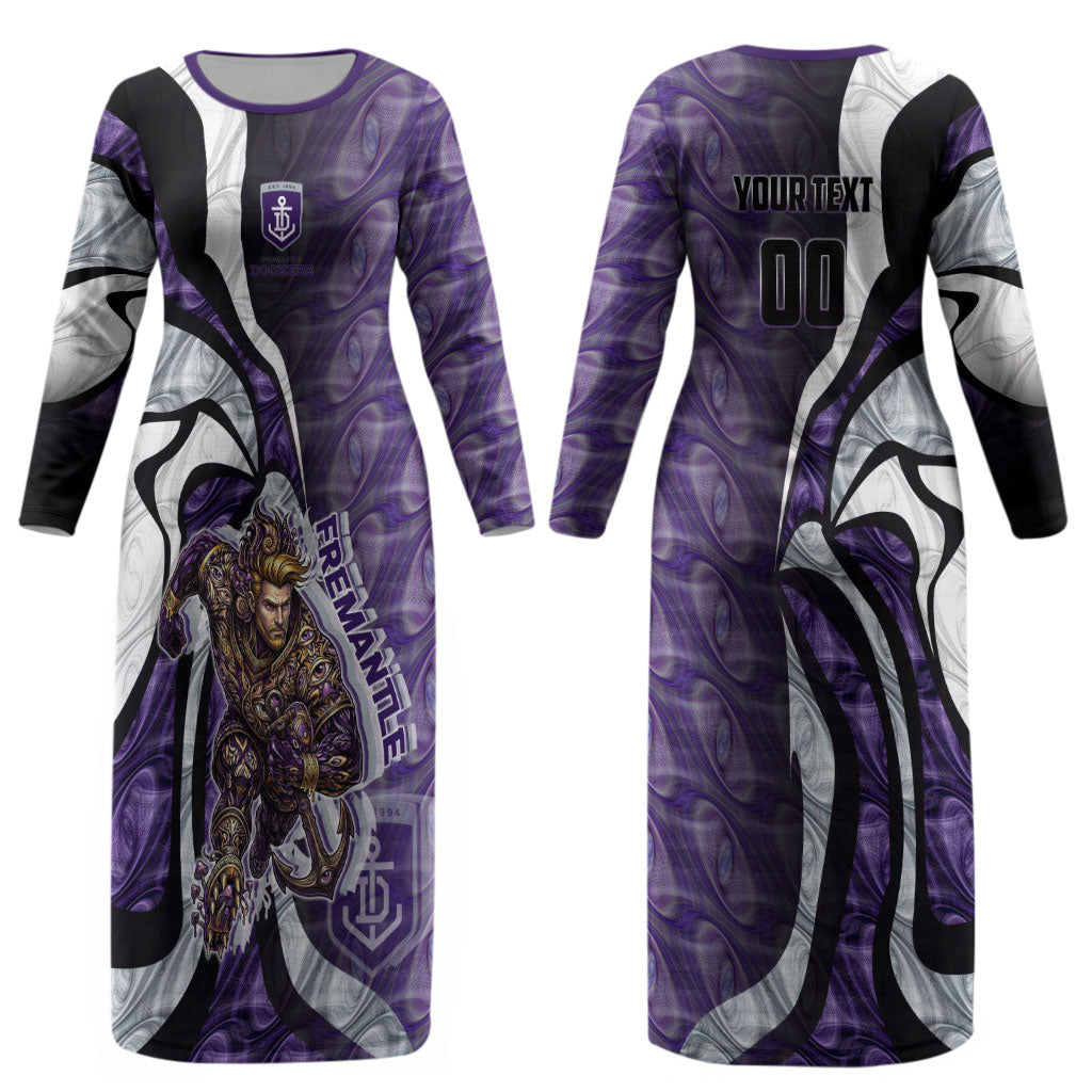 Personalised Fremantle Dockers Couples Matching Long Sleeve Bodycon Dress and Long Sleeve Button Shirt Trippy Psychedelic Abstract Art Mascot Football Fans