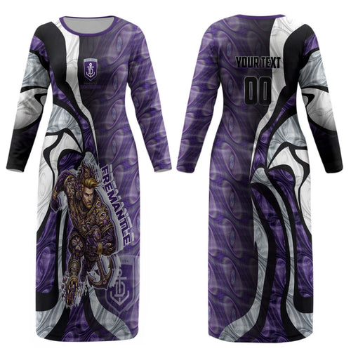 Personalised Fremantle Dockers Couples Matching Long Sleeve Bodycon Dress and Long Sleeve Button Shirt Trippy Psychedelic Abstract Art Mascot Football Fans
