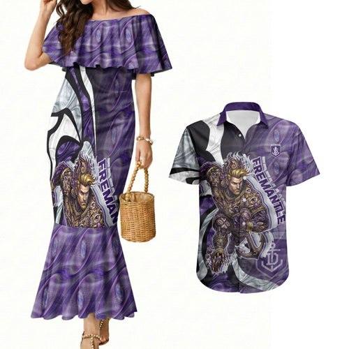 Personalised Fremantle Dockers Couples Matching Mermaid Dress and Hawaiian Shirt Trippy Psychedelic Abstract Art Mascot Football Fans