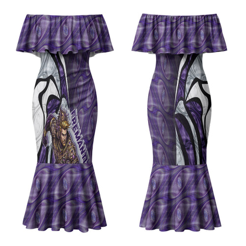Personalised Fremantle Dockers Couples Matching Mermaid Dress and Long Sleeve Button Shirt Trippy Psychedelic Abstract Art Mascot Football Fans