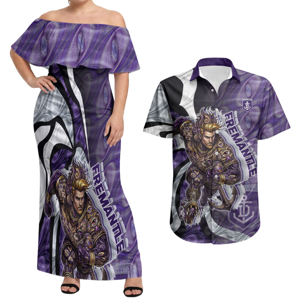 Personalised Fremantle Dockers Couples Matching Off Shoulder Maxi Dress and Hawaiian Shirt Trippy Psychedelic Abstract Art Mascot Football Fans