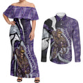 Personalised Fremantle Dockers Couples Matching Off Shoulder Maxi Dress and Long Sleeve Button Shirt Trippy Psychedelic Abstract Art Mascot Football Fans