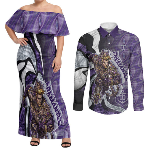 Personalised Fremantle Dockers Couples Matching Off Shoulder Maxi Dress and Long Sleeve Button Shirt Trippy Psychedelic Abstract Art Mascot Football Fans