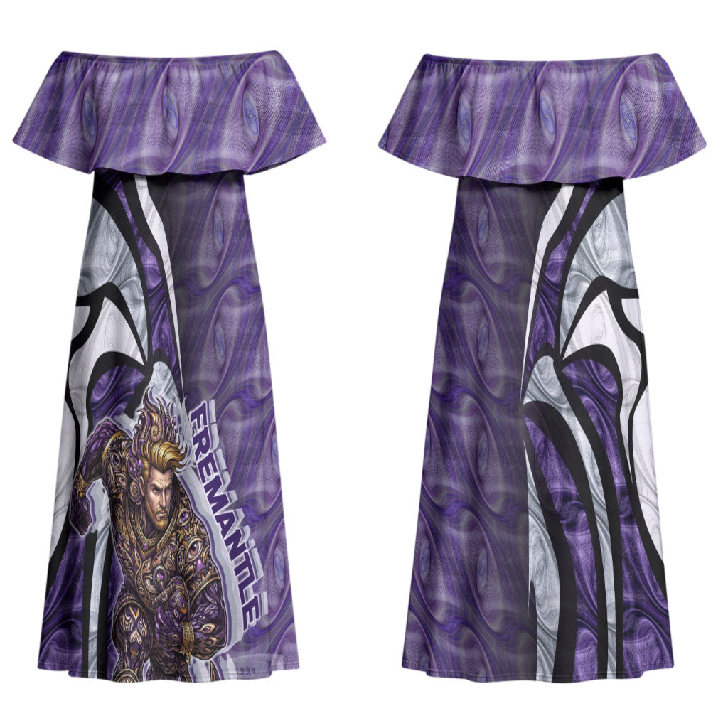 Personalised Fremantle Dockers Couples Matching Off Shoulder Maxi Dress and Long Sleeve Button Shirt Trippy Psychedelic Abstract Art Mascot Football Fans
