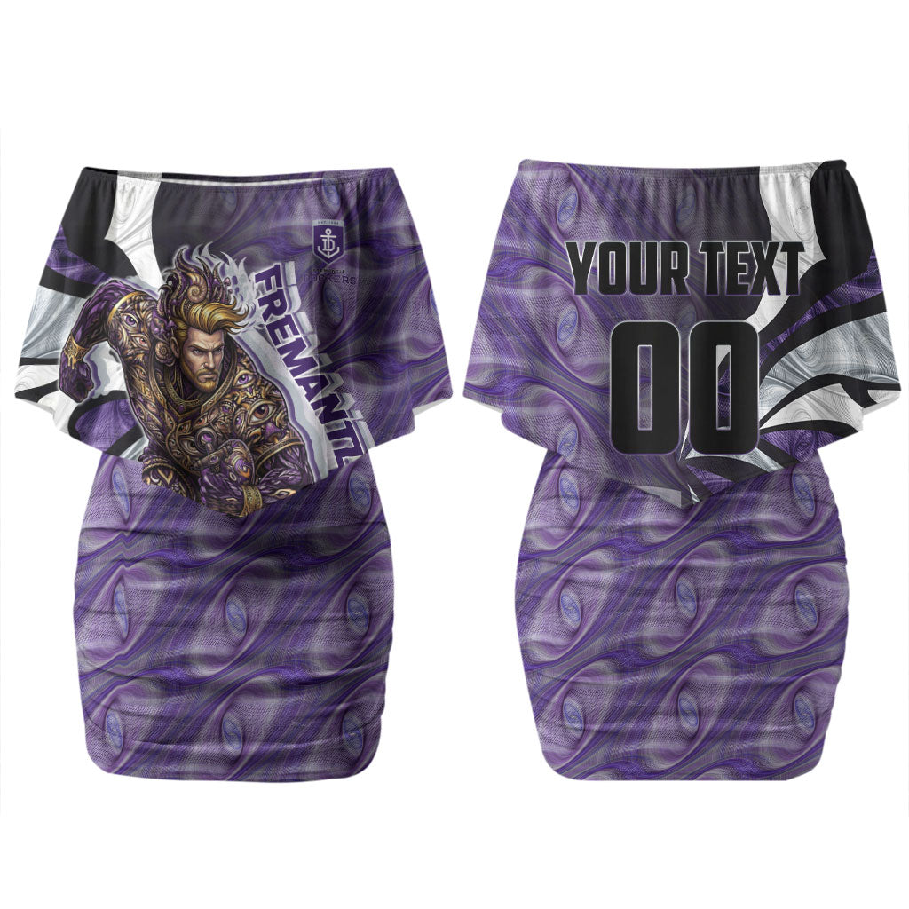 Personalised Fremantle Dockers Couples Matching Off Shoulder Short Dress and Hawaiian Shirt Trippy Psychedelic Abstract Art Mascot Football Fans