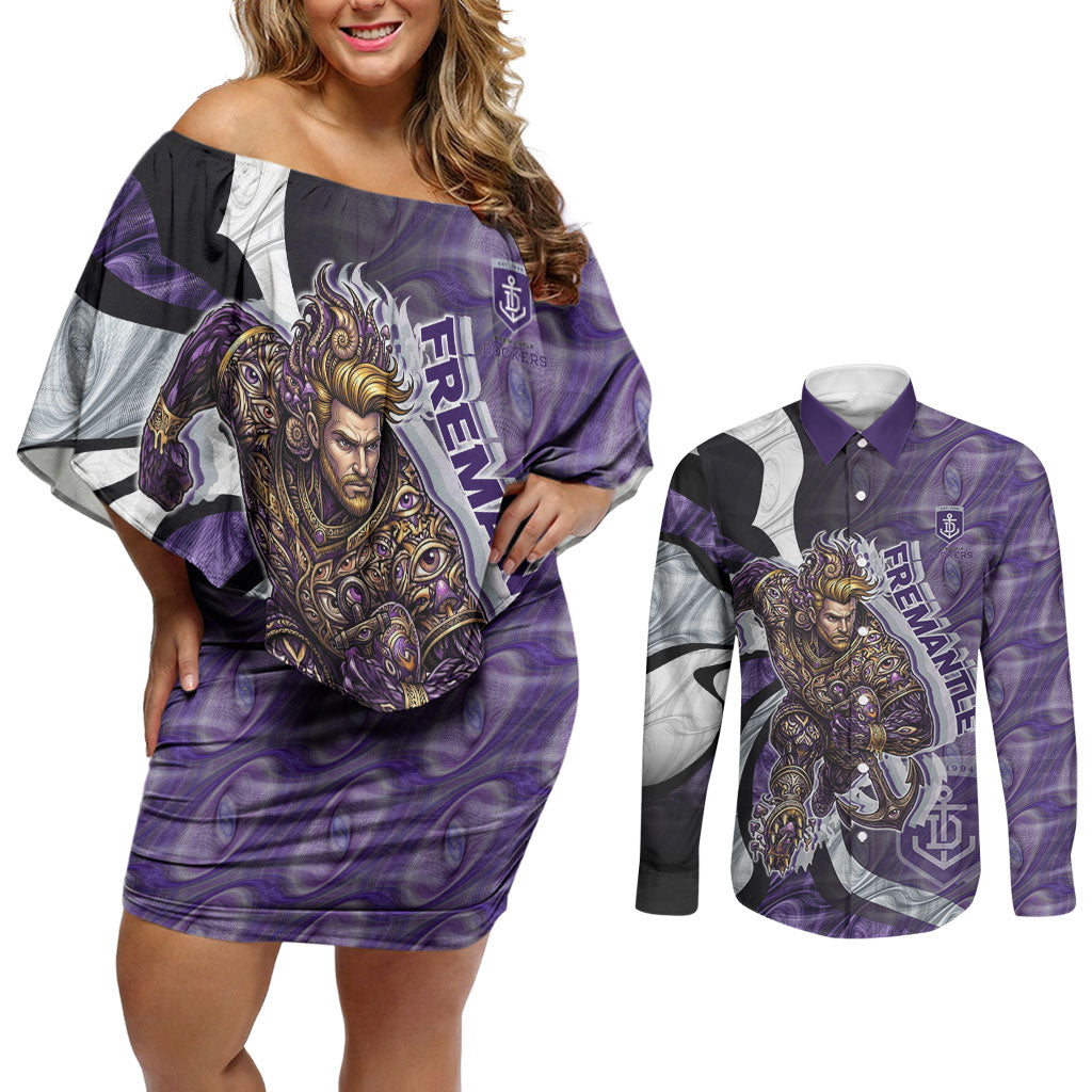 Personalised Fremantle Dockers Couples Matching Off Shoulder Short Dress and Long Sleeve Button Shirt Trippy Psychedelic Abstract Art Mascot Football Fans