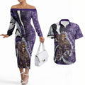 Personalised Fremantle Dockers Couples Matching Off The Shoulder Long Sleeve Dress and Hawaiian Shirt Trippy Psychedelic Abstract Art Mascot Football Fans