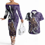 Personalised Fremantle Dockers Couples Matching Off The Shoulder Long Sleeve Dress and Hawaiian Shirt Trippy Psychedelic Abstract Art Mascot Football Fans
