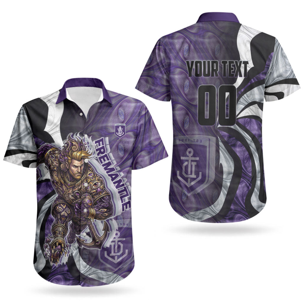 Personalised Fremantle Dockers Couples Matching Off The Shoulder Long Sleeve Dress and Hawaiian Shirt Trippy Psychedelic Abstract Art Mascot Football Fans