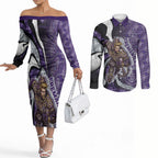Personalised Fremantle Dockers Couples Matching Off The Shoulder Long Sleeve Dress and Long Sleeve Button Shirt Trippy Psychedelic Abstract Art Mascot Football Fans
