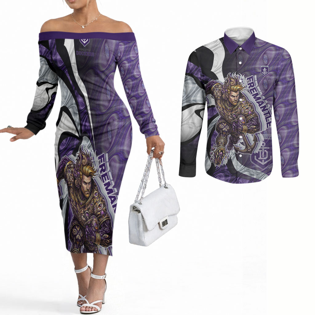 Personalised Fremantle Dockers Couples Matching Off The Shoulder Long Sleeve Dress and Long Sleeve Button Shirt Trippy Psychedelic Abstract Art Mascot Football Fans