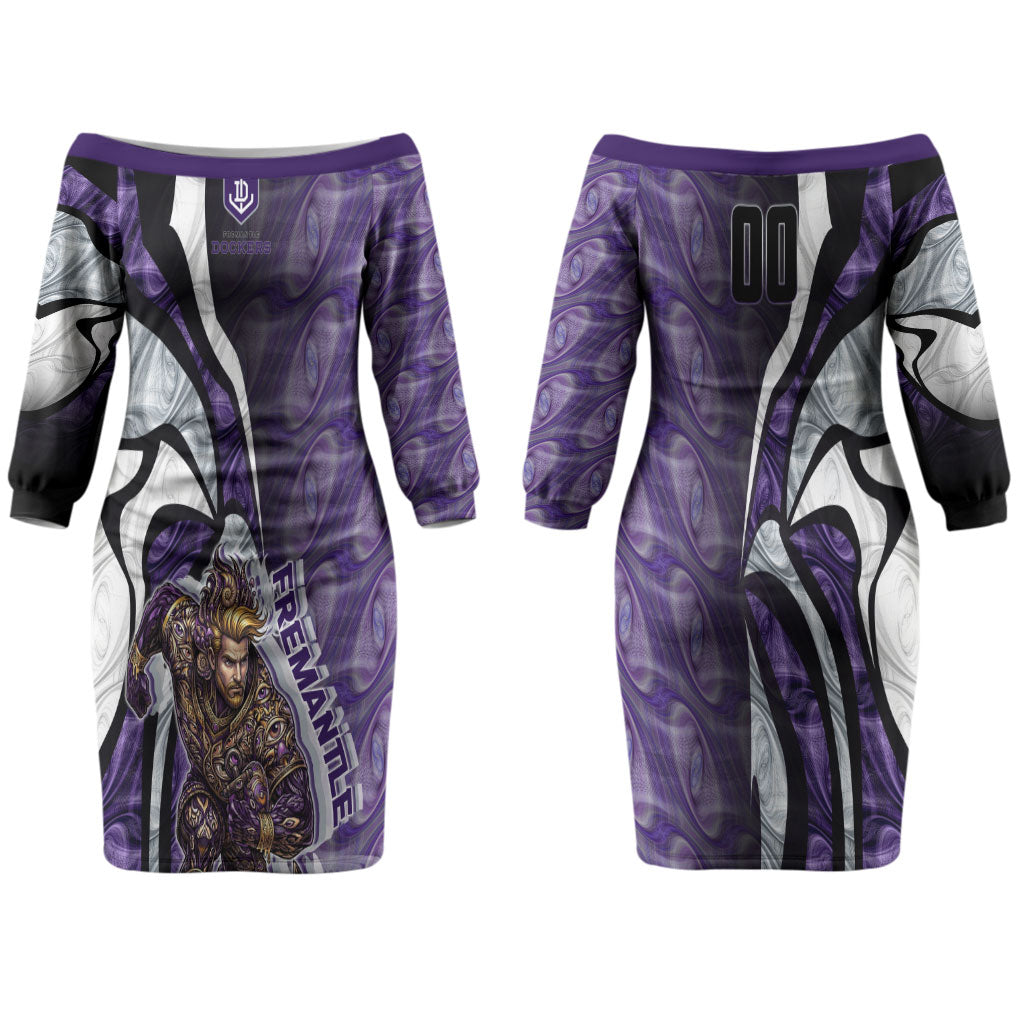 Personalised Fremantle Dockers Couples Matching Off The Shoulder Long Sleeve Dress and Long Sleeve Button Shirt Trippy Psychedelic Abstract Art Mascot Football Fans