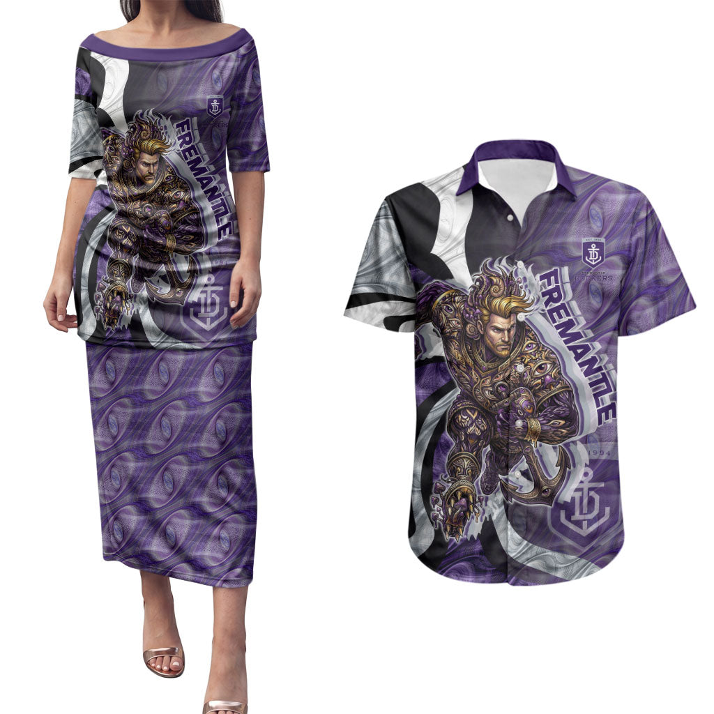 Personalised Fremantle Dockers Couples Matching Puletasi and Hawaiian Shirt Trippy Psychedelic Abstract Art Mascot Football Fans