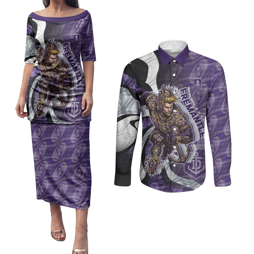 Personalised Fremantle Dockers Couples Matching Puletasi and Long Sleeve Button Shirt Trippy Psychedelic Abstract Art Mascot Football Fans