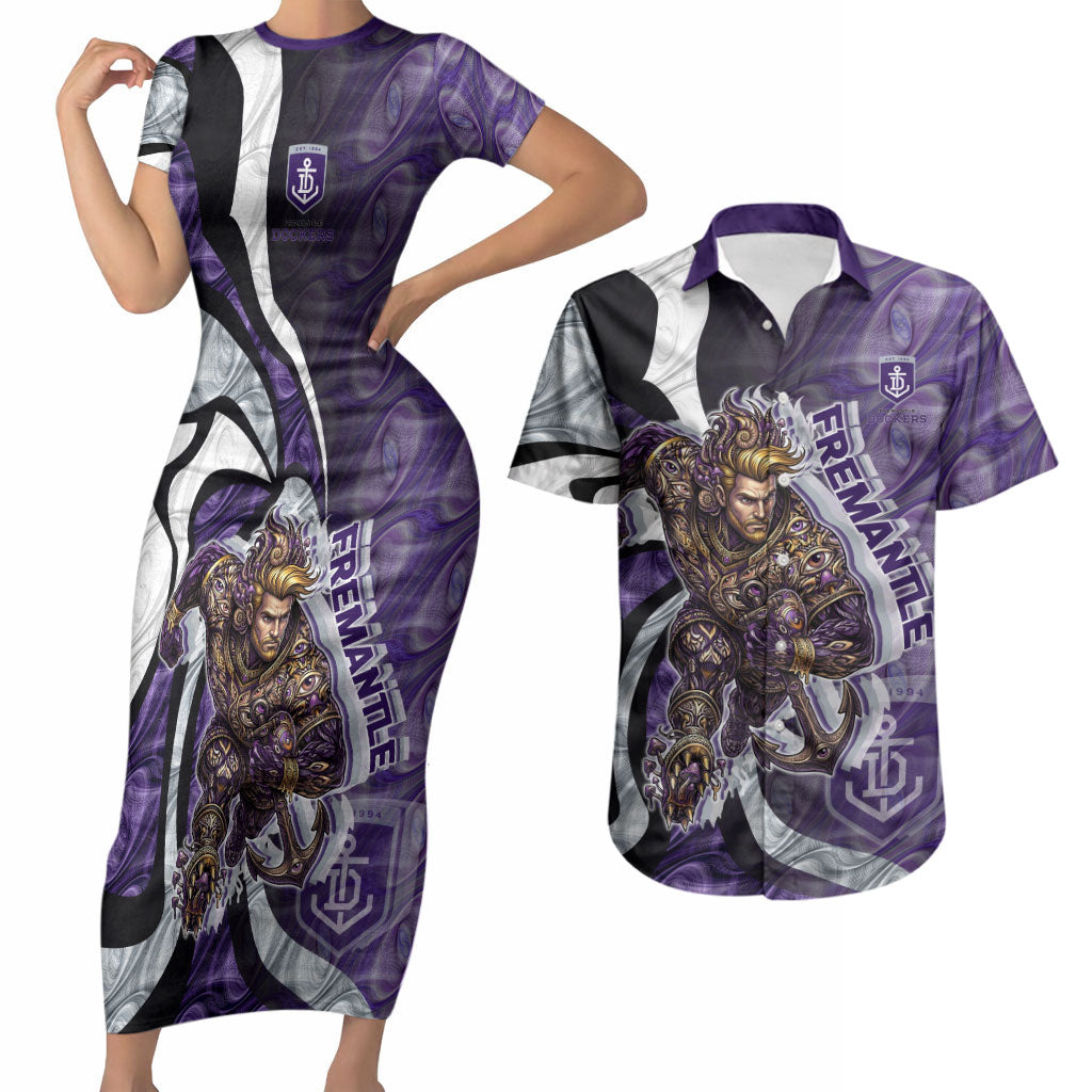 Personalised Fremantle Dockers Couples Matching Short Sleeve Bodycon Dress and Hawaiian Shirt Trippy Psychedelic Abstract Art Mascot Football Fans
