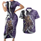 Personalised Fremantle Dockers Couples Matching Short Sleeve Bodycon Dress and Hawaiian Shirt Trippy Psychedelic Abstract Art Mascot Football Fans