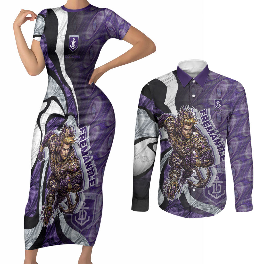 Personalised Fremantle Dockers Couples Matching Short Sleeve Bodycon Dress and Long Sleeve Button Shirt Trippy Psychedelic Abstract Art Mascot Football Fans