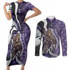 Personalised Fremantle Dockers Couples Matching Short Sleeve Bodycon Dress and Long Sleeve Button Shirt Trippy Psychedelic Abstract Art Mascot Football Fans